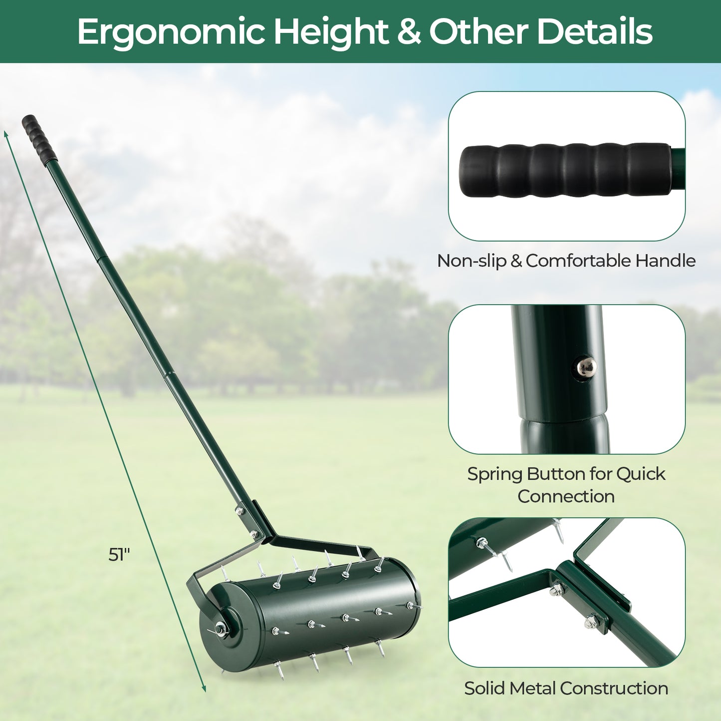 18/21 Inch Manual Lawn Aerator with Detachable Handle Filled with Sand or Stone-18 inches, Green Lawn Care Tools at Gallery Canada