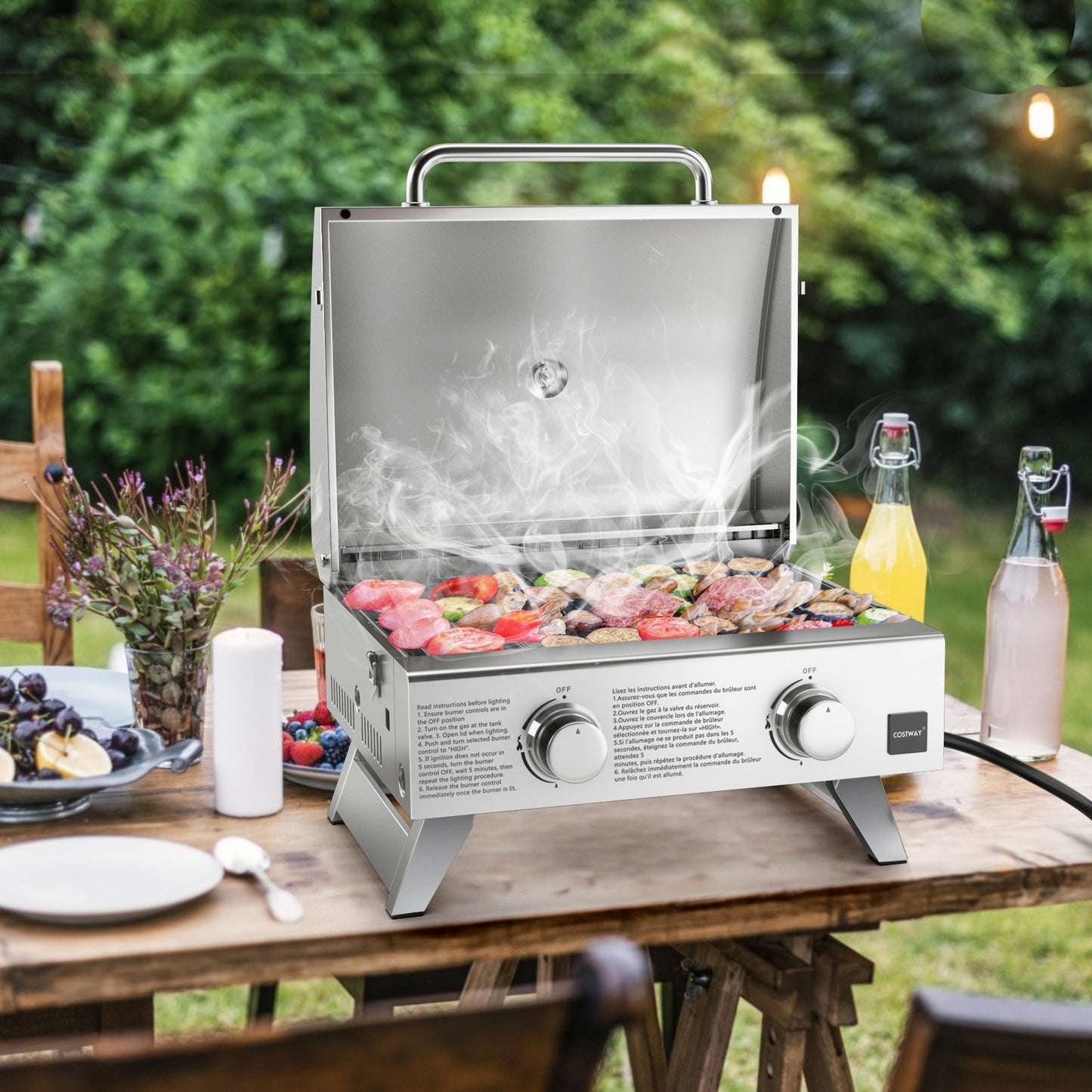 Stainless Steel Propane Grill with Lid for Outdoor Camping Tailgating Picnic Party, Silver