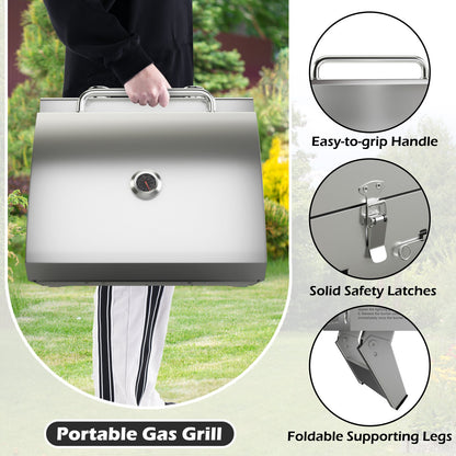 Stainless Steel Propane Grill with Lid for Outdoor Camping Tailgating Picnic Party, Silver