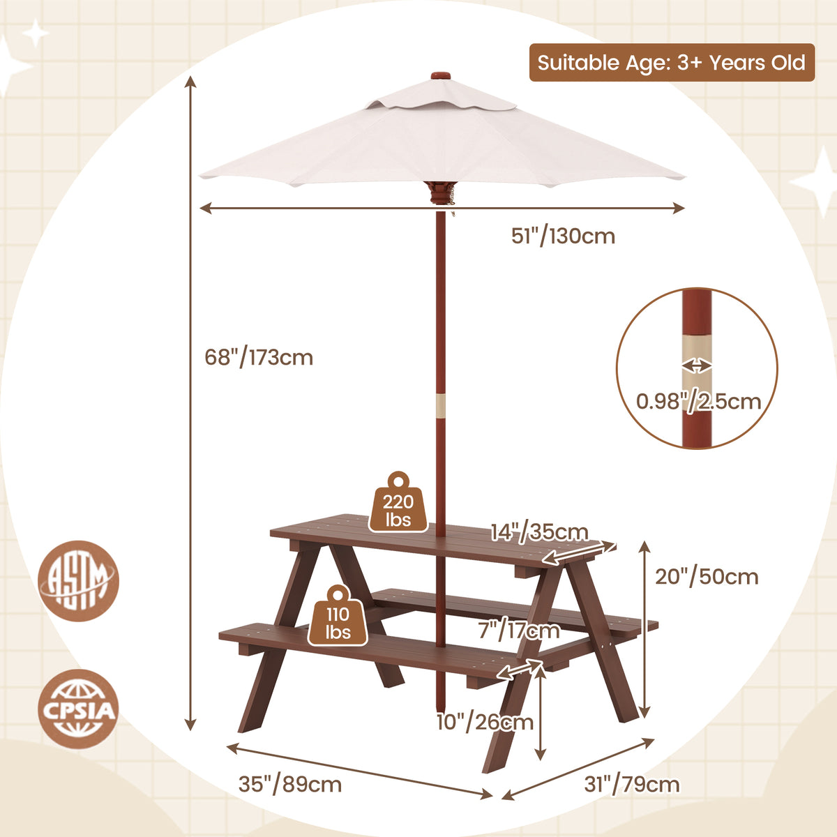 4-Seat Kids Picnic Table Bench With Umbrella, Brown Kids Table & Chair Sets at Gallery Canada
