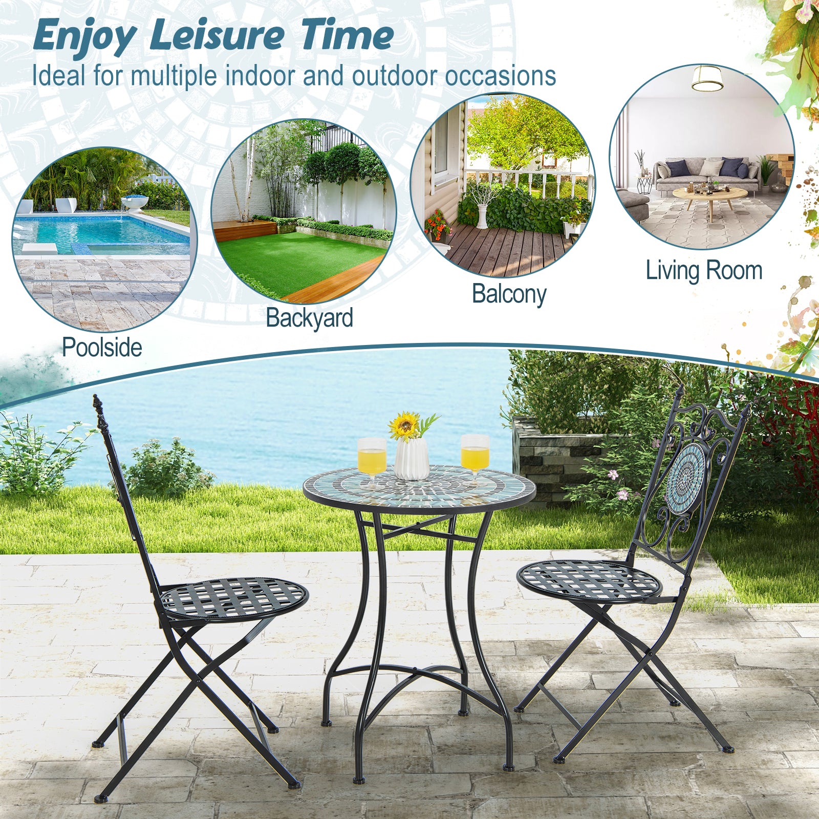 24 Inch Patio Bistro Table with Ceramic Tile Tabletop, Blue Patio Dining Tables at Gallery Canada