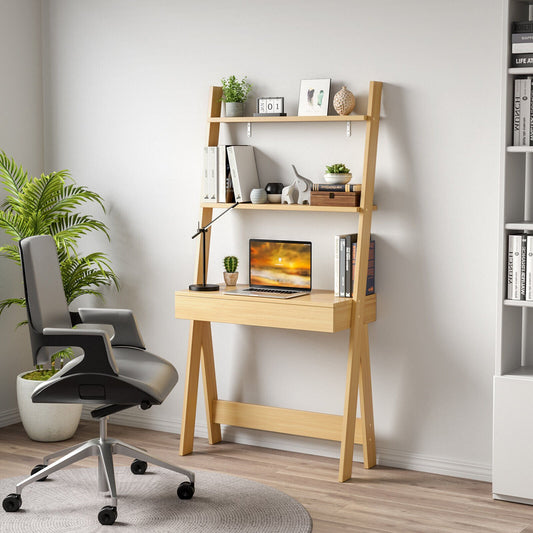 Ladder Shelf Desk Bookcase with Countertop  Drawer and 2 Shelves, Natural - Gallery Canada