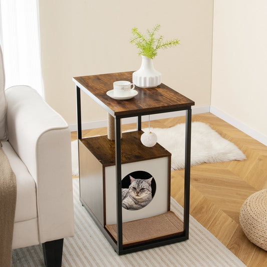 Cat Furniture End Table Cat House with Scratching Post, Rustic Brown - Gallery Canada