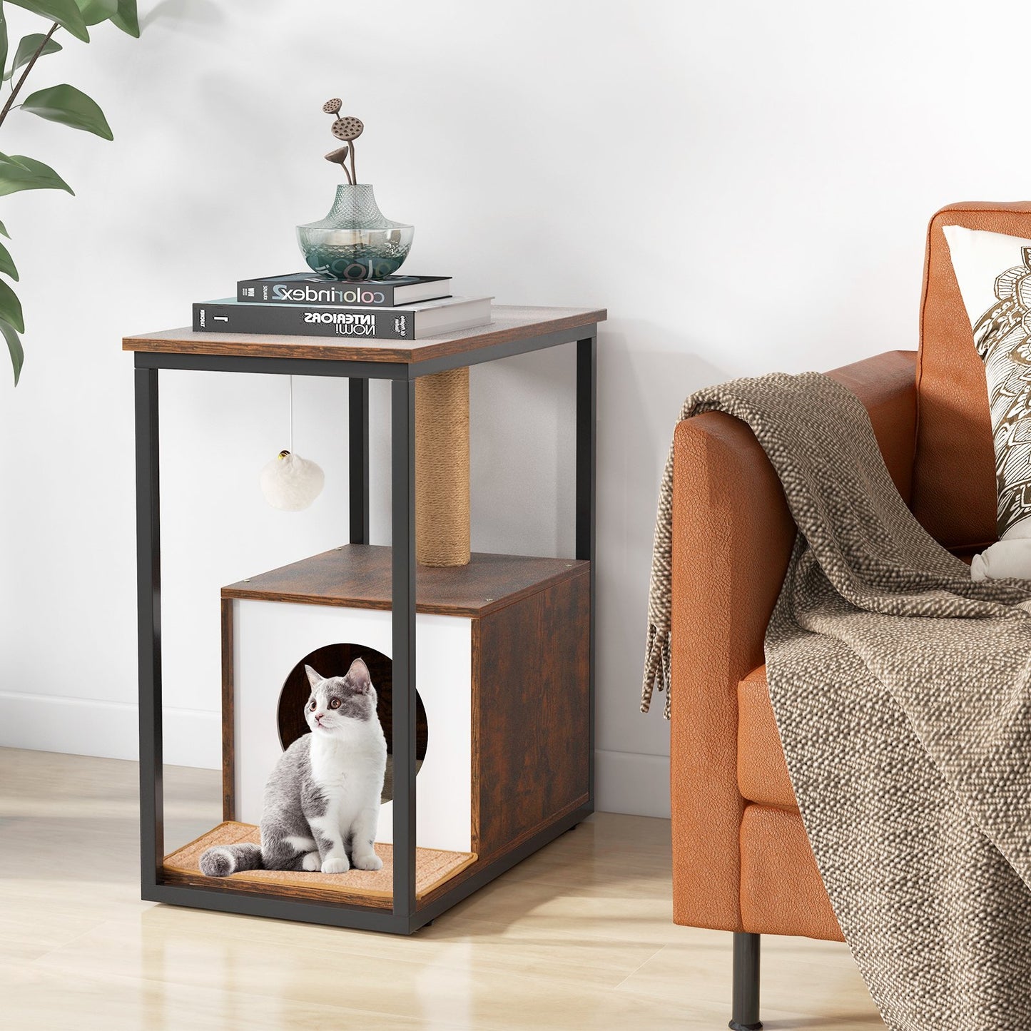 Cat Furniture End Table Cat House with Scratching Post, Rustic Brown