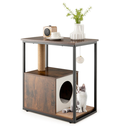 Cat Furniture End Table Cat House with Scratching Post, Rustic Brown - Gallery Canada