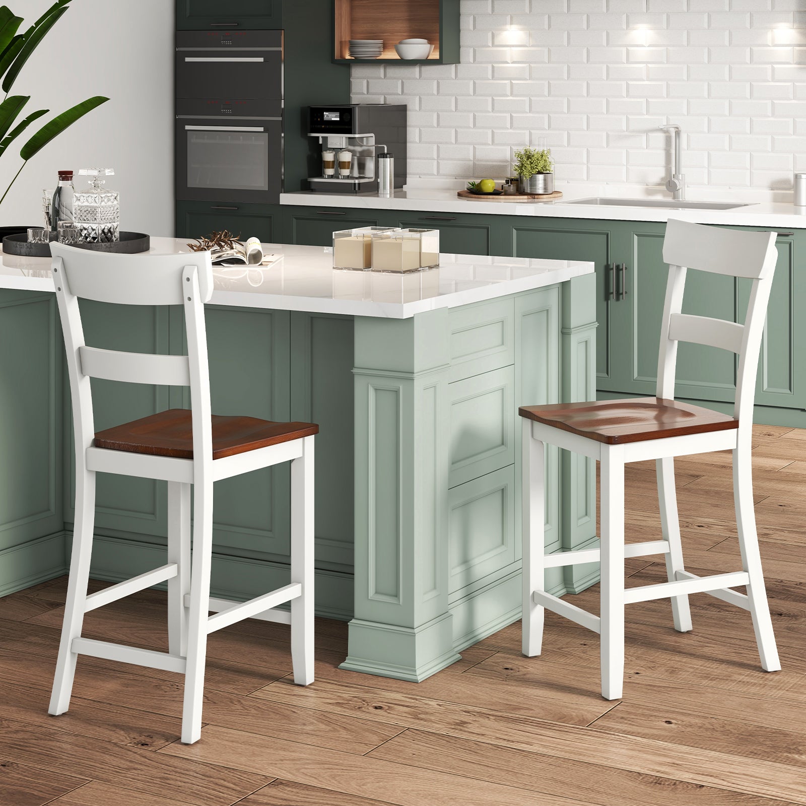 Farmhouse Dining Bar Stool Set of 2 with Solid Rubber Wood Frame, White Dining Chairs at Gallery Canada