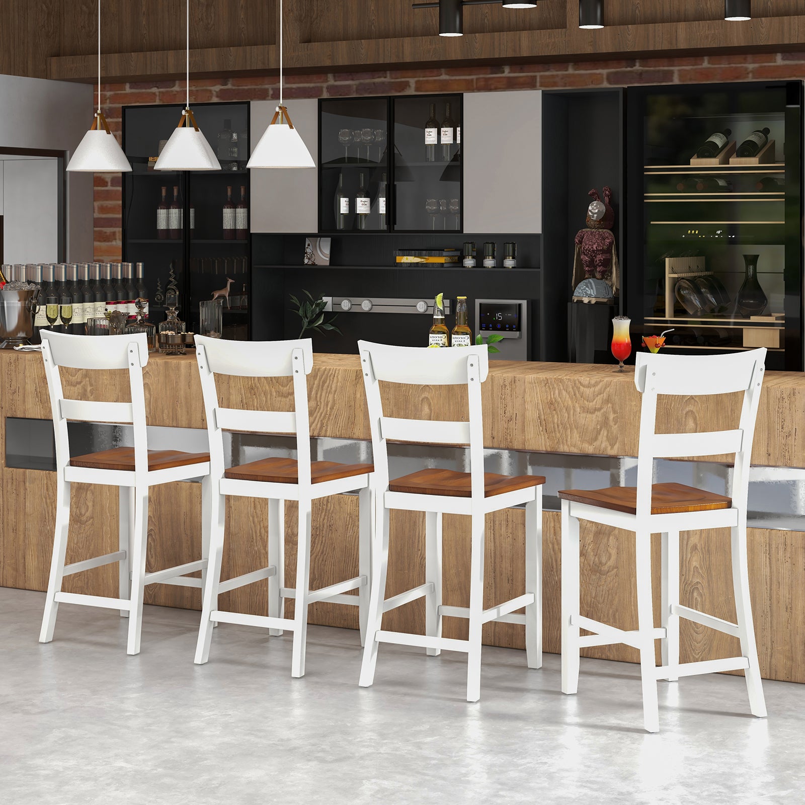 Farmhouse Dining Bar Stool Set of 2 with Solid Rubber Wood Frame, White Dining Chairs at Gallery Canada