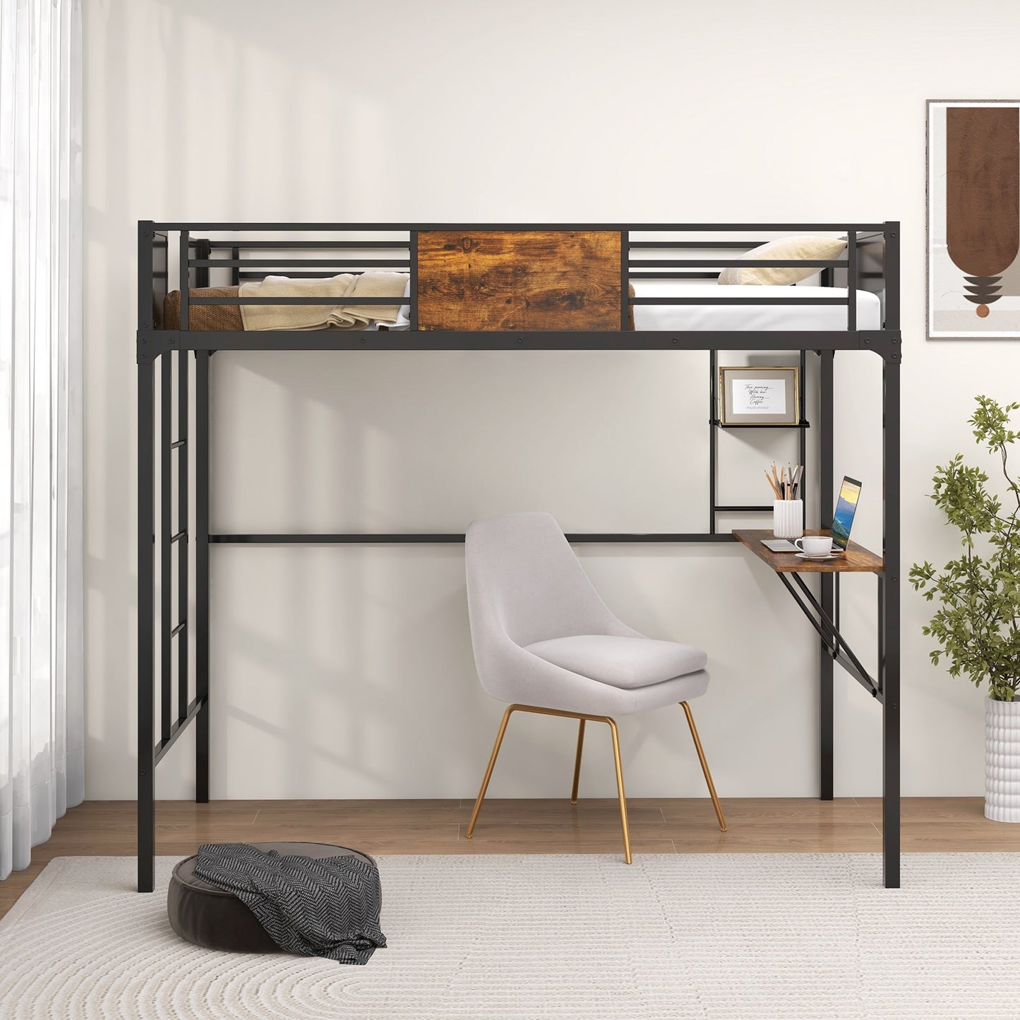 Twin Size Industrial Metal Loft Bed with Desk Storage Shelf and Build-in Ladder-Twin Size, Black - Gallery Canada