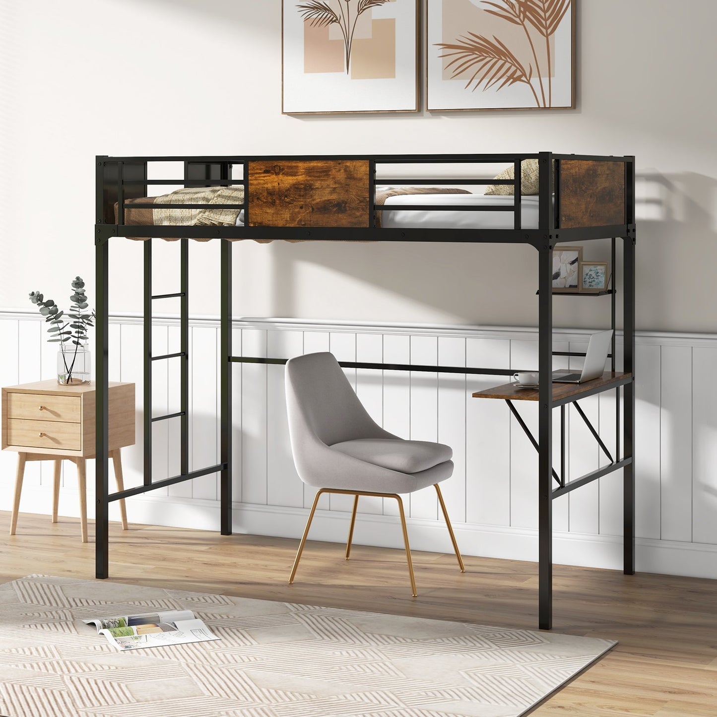 Twin Size Industrial Metal Loft Bed with Desk Storage Shelf and Build-in Ladder-Twin Size, Black - Gallery Canada