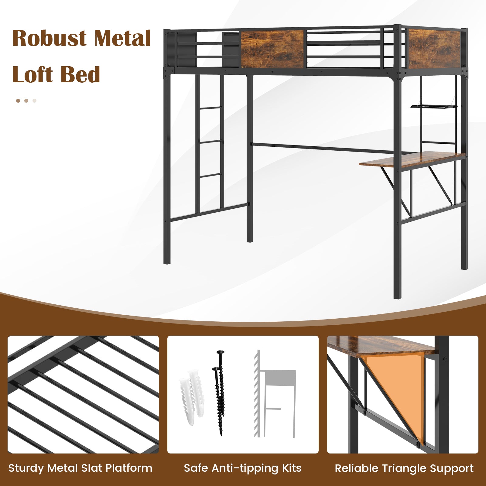 Twin Size Metal Loft Bed With Desk, Storage Shelf, Built-In Ladder, Black Bunk Bed Frame at Gallery Canada