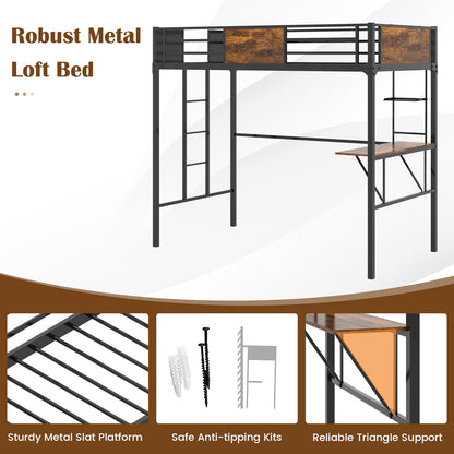 Twin Size Metal Loft Bed With Desk, Storage Shelf, Built-In Ladder, Black Bunk Bed Frame at Gallery Canada