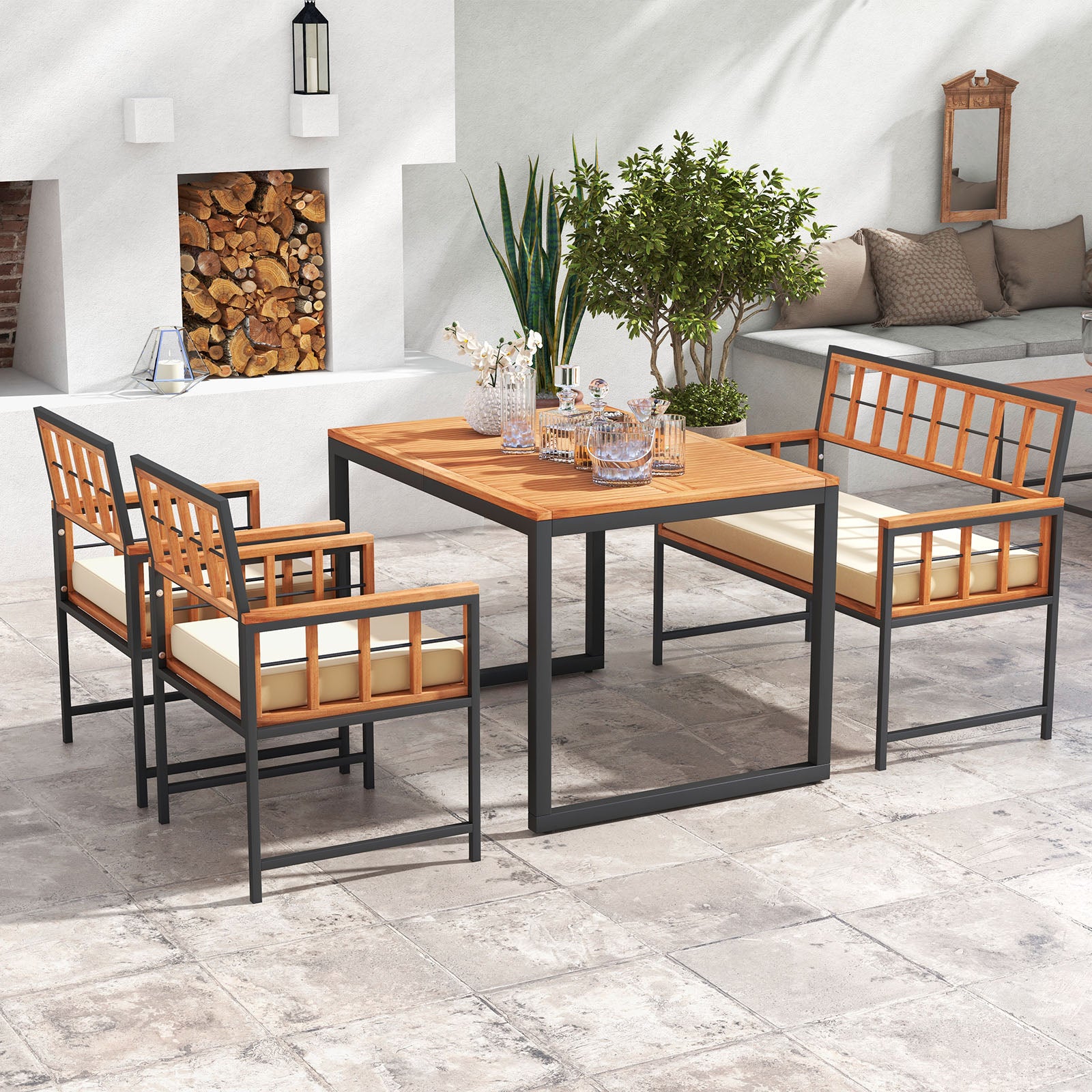 4 Pieces Acacia Wood Patio Dining Set with 1 Rectangular Table, Natural Patio Dining Sets at Gallery Canada