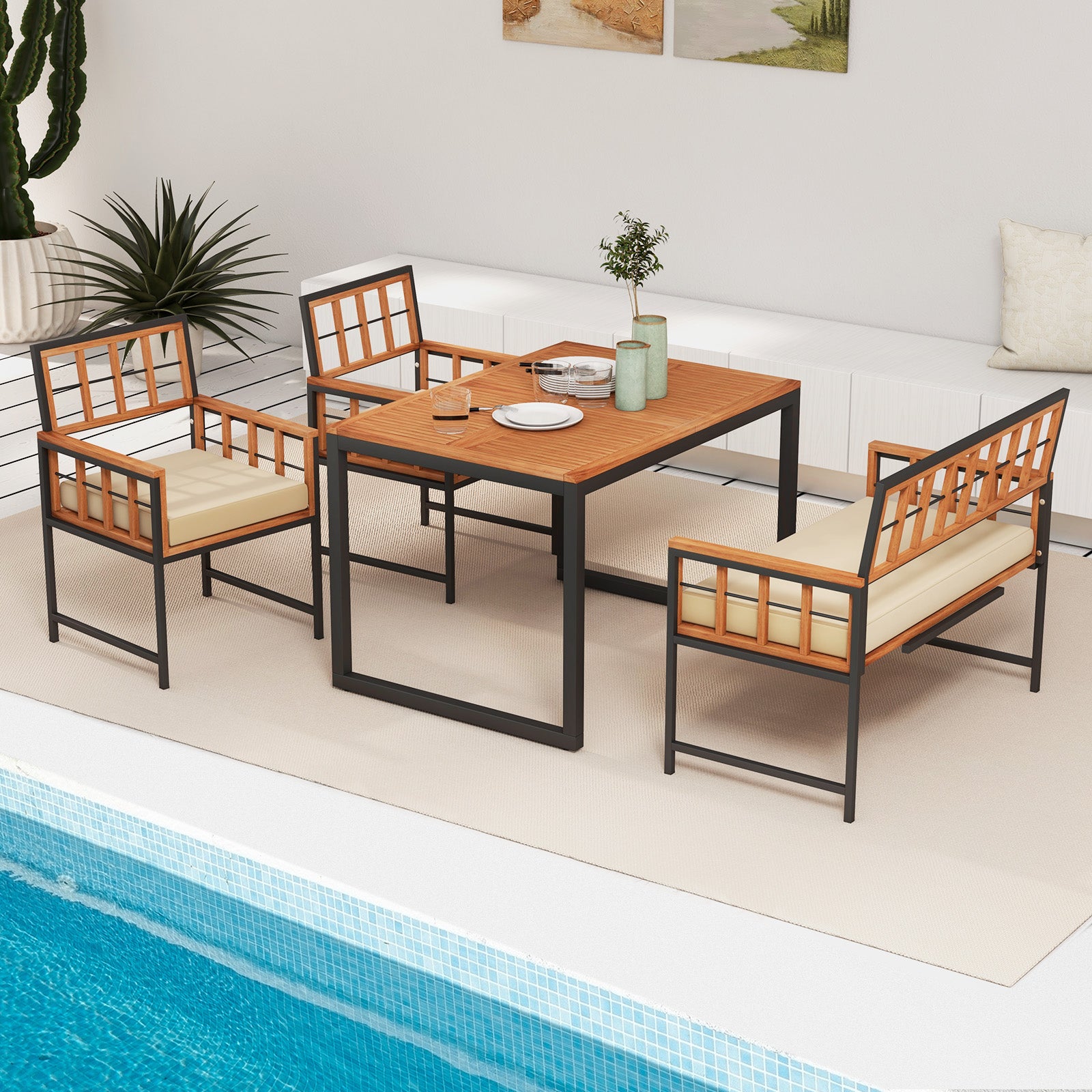 4 Pieces Acacia Wood Patio Dining Set with 1 Rectangular Table, Natural Patio Dining Sets at Gallery Canada