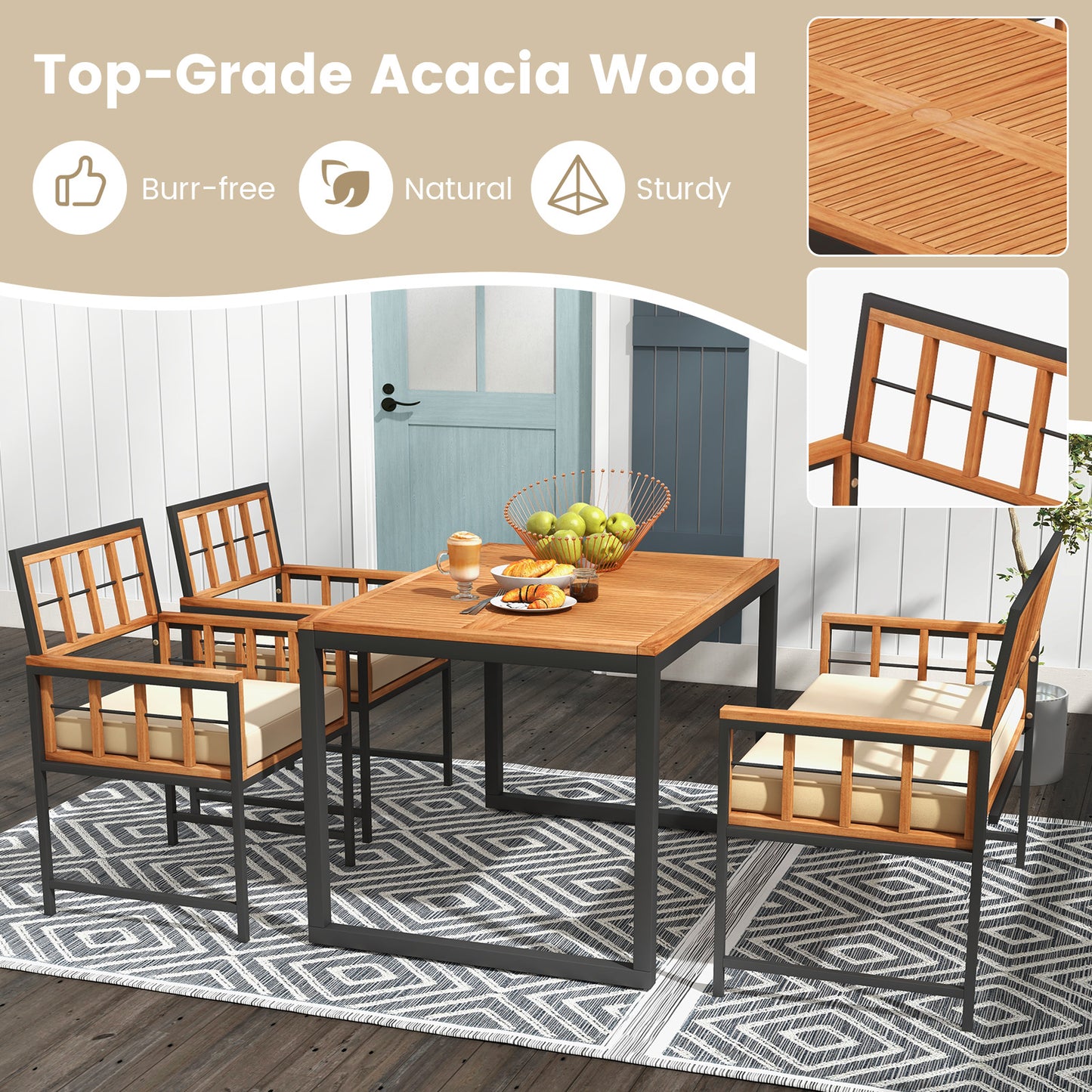 4 Pieces Acacia Wood Patio Dining Set with 1 Rectangular Table, Natural Patio Dining Sets at Gallery Canada