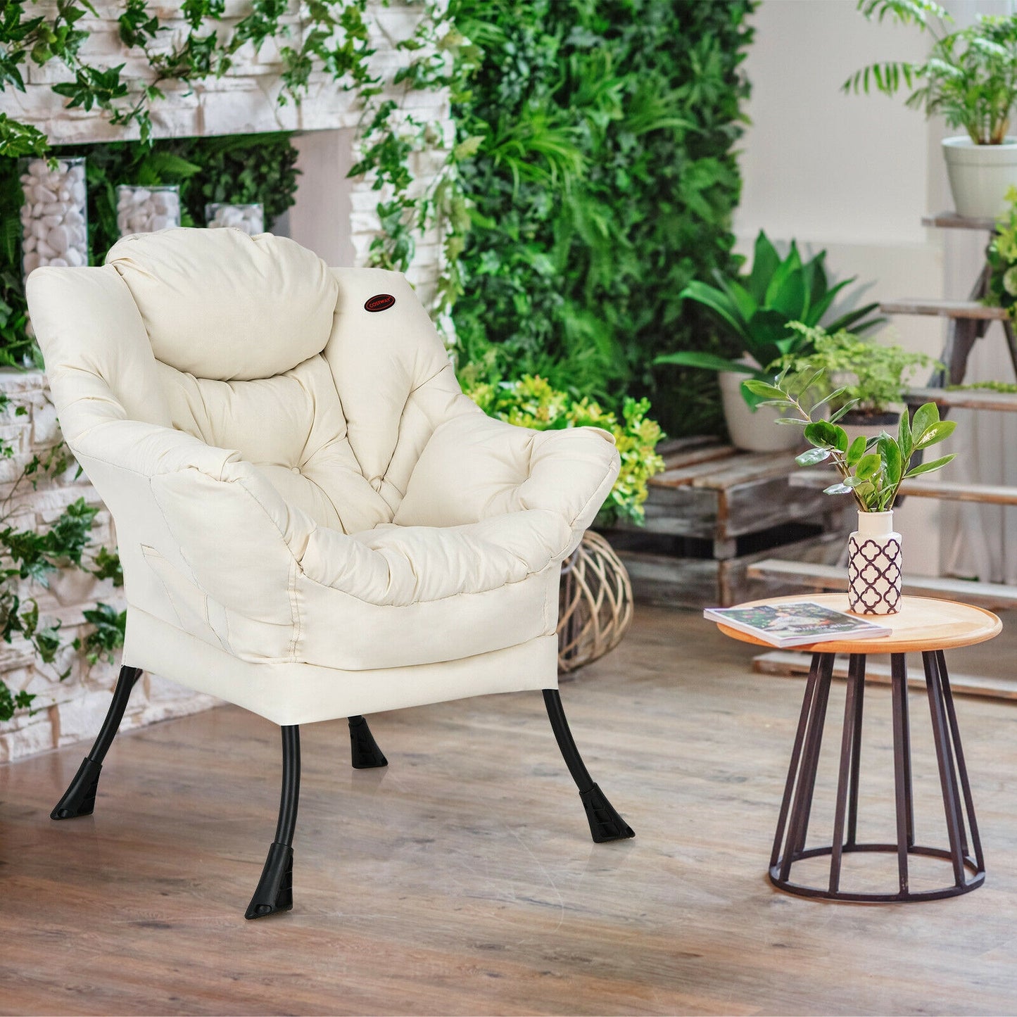Modern Polyester Fabric Lazy Chair, Steel Frame, Side Pocket, Beige Accent Chairs at Gallery Canada