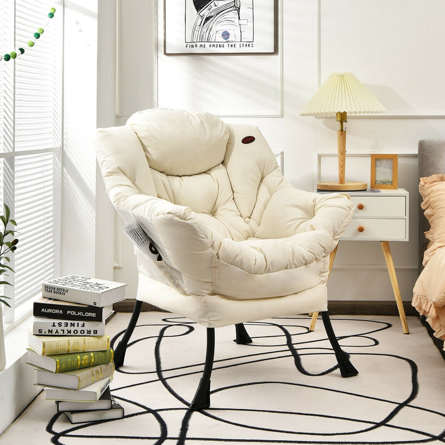 Modern Polyester Fabric Lazy Chair with Steel Frame and Side Pocket, Beige Accent Chairs at Gallery Canada