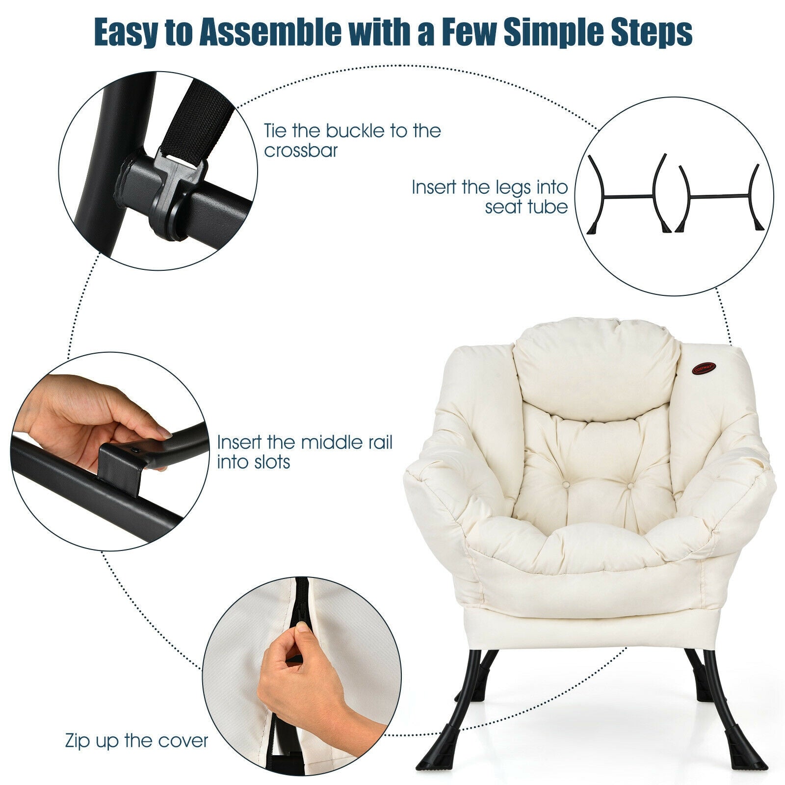 Modern Polyester Fabric Lazy Chair with Steel Frame and Side Pocket, Beige Accent Chairs at Gallery Canada