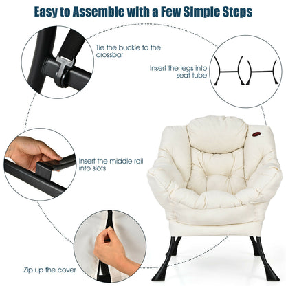 Modern Polyester Fabric Lazy Chair with Steel Frame and Side Pocket, Beige Accent Chairs at Gallery Canada