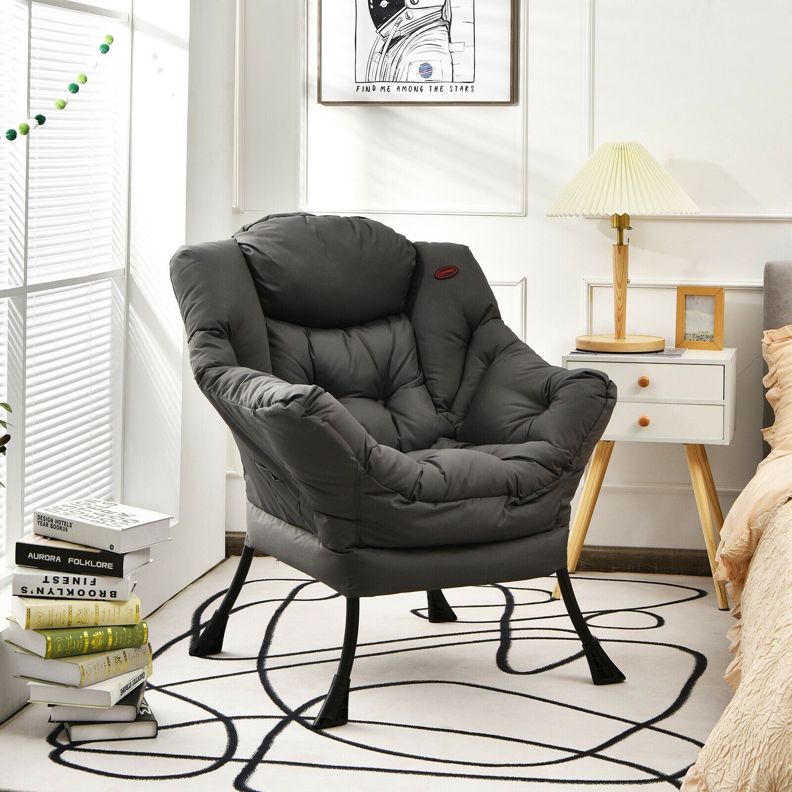 Modern Polyester Fabric Lazy Chair with Steel Frame and Side Pocket, Gray Accent Chairs at Gallery Canada