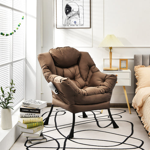 Modern Polyester Fabric Lazy Chair, Steel Frame, Side Pocket, Brown