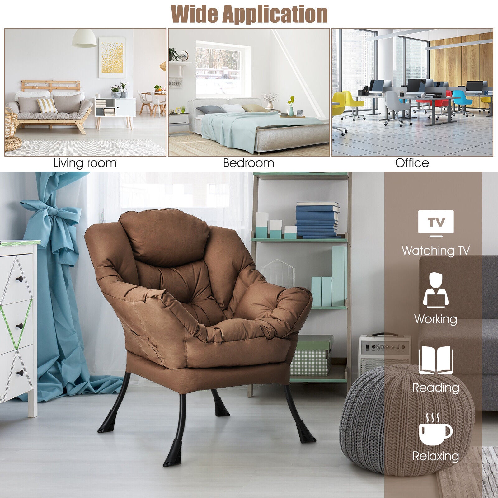 Modern Polyester Fabric Lazy Chair, Steel Frame, Side Pocket, Brown Accent Chairs at Gallery Canada