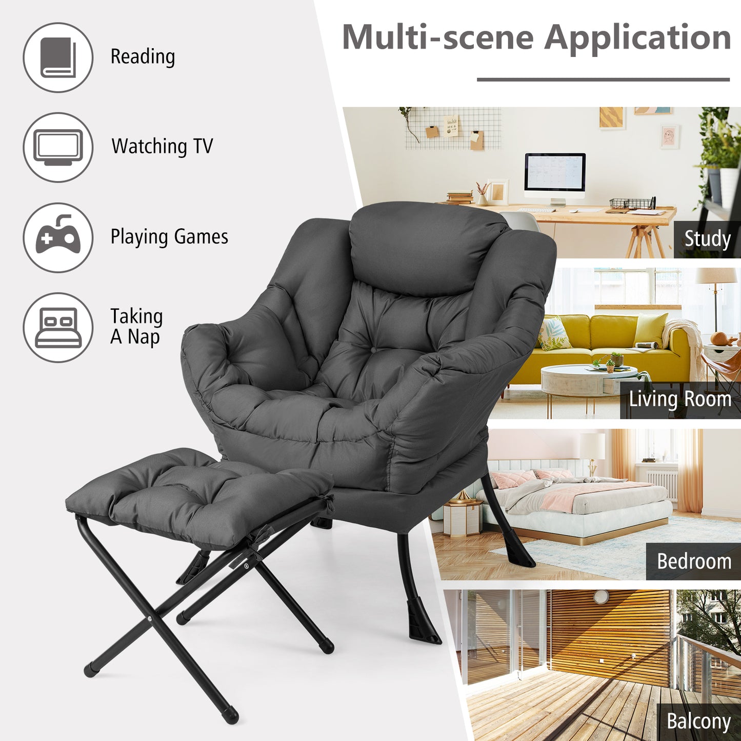 Modern Accent Sofa Chair, With Folding Footrest And Side Pocket, Gray Accent Chairs at Gallery Canada