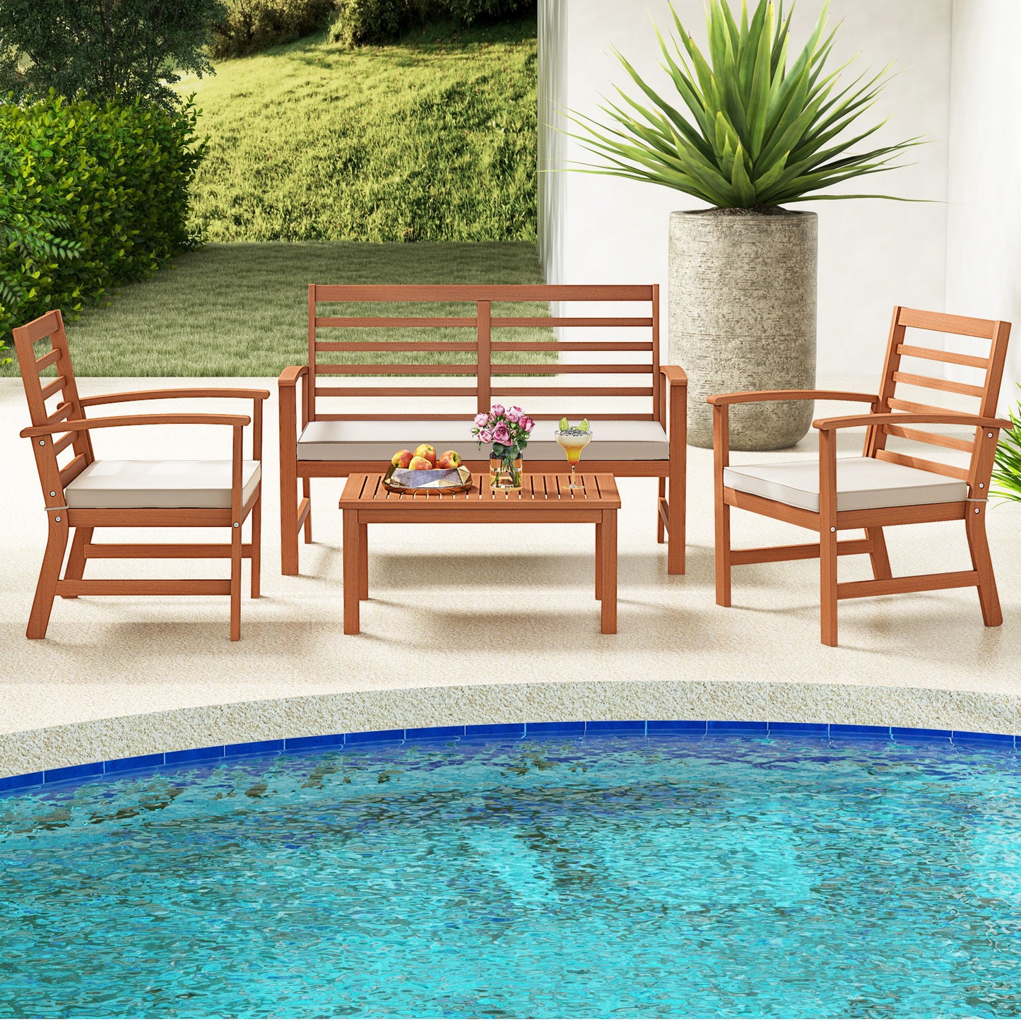 4 Pieces Outdoor Furniture Set with Stable Acacia Wood Frame, Beige Patio Conversation Sets at Gallery Canada