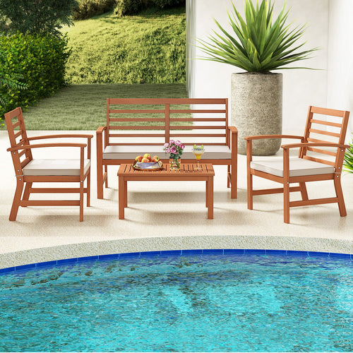 4 Pieces Outdoor Furniture Set with Stable Acacia Wood Frame, Beige