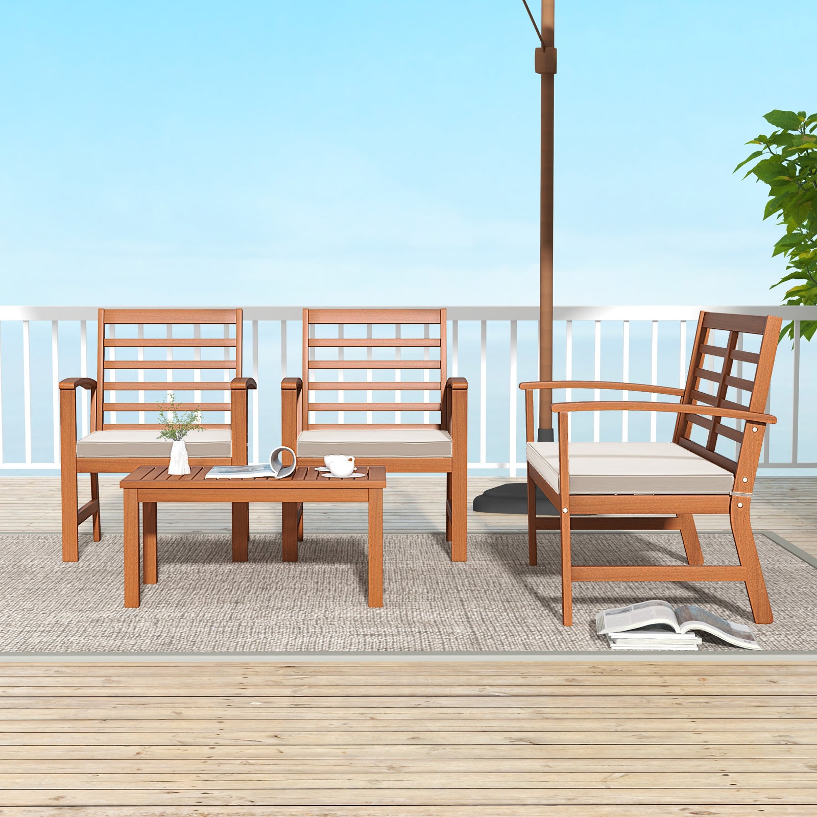 4 Pieces Outdoor Furniture Set with Stable Acacia Wood Frame, Beige Patio Conversation Sets at Gallery Canada