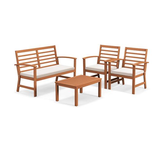4 Piece Outdoor Furniture Set, Acacia Wood Frame, Beige