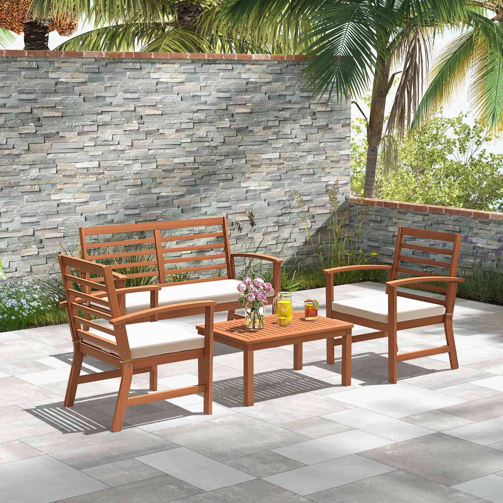 4 Pieces Outdoor Furniture Set with Stable Acacia Wood Frame, Beige Patio Conversation Sets at Gallery Canada