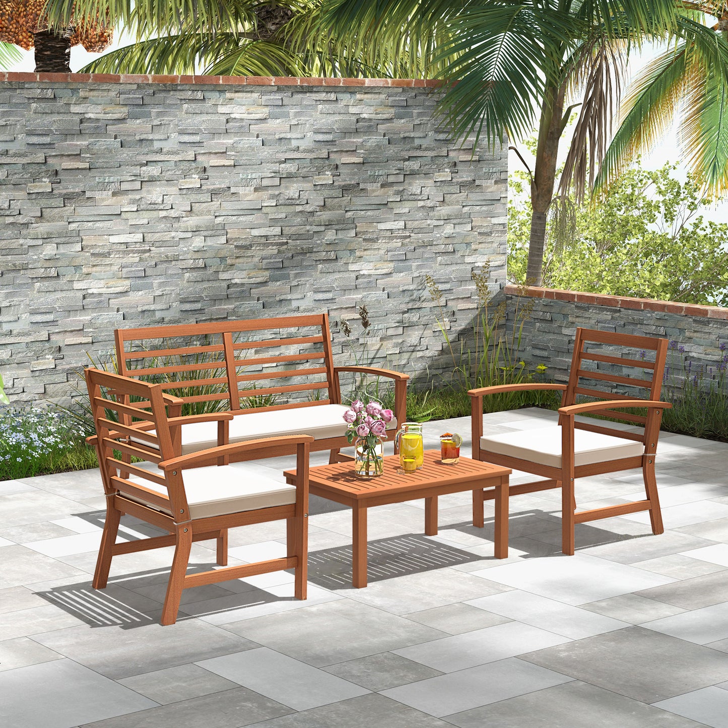 4 Pieces Outdoor Furniture Set with Stable Acacia Wood Frame, Beige Patio Conversation Sets at Gallery Canada