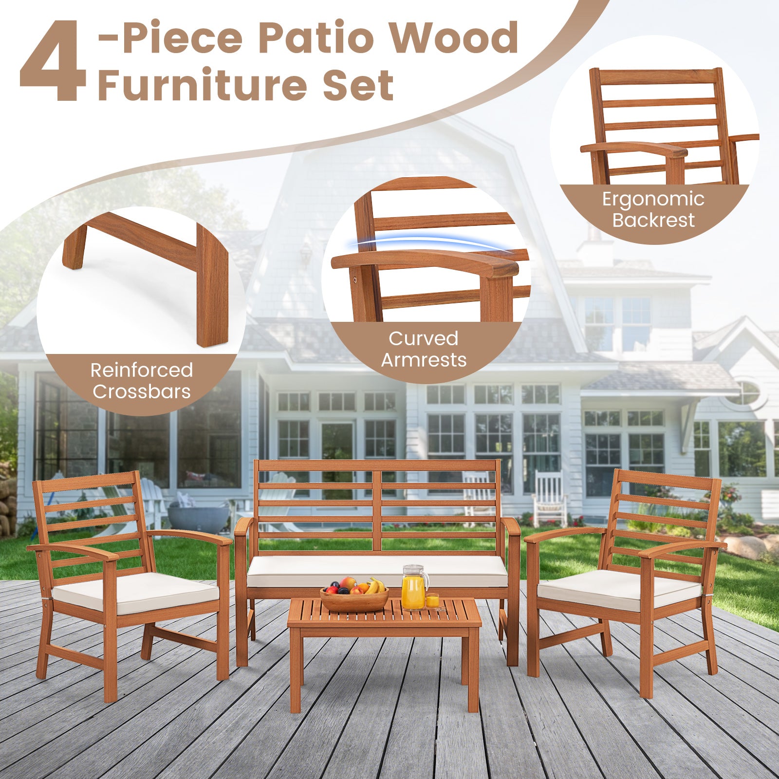 4 Pieces Outdoor Furniture Set with Stable Acacia Wood Frame, Beige Patio Conversation Sets at Gallery Canada