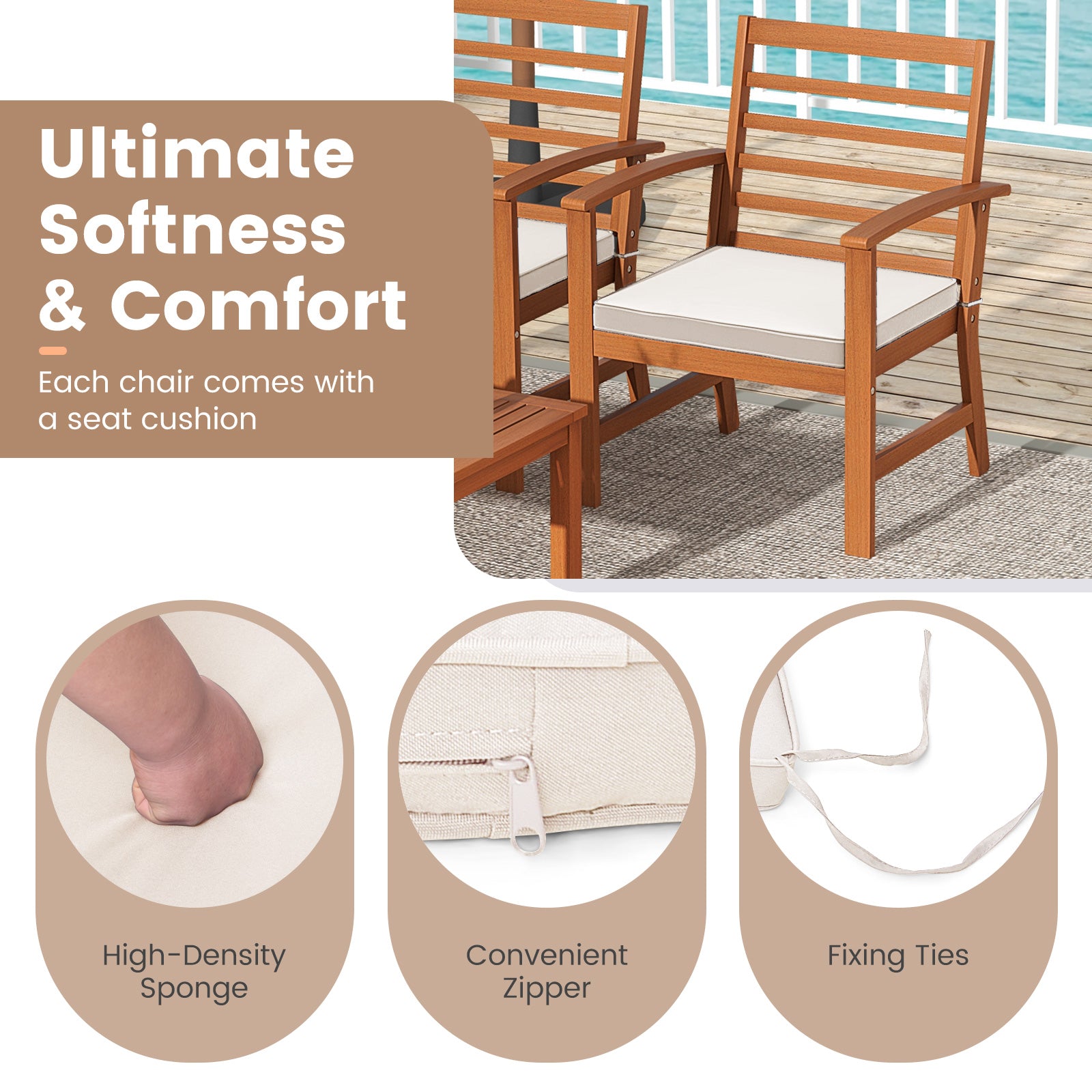 4 Pieces Outdoor Furniture Set with Stable Acacia Wood Frame, Beige Patio Conversation Sets at Gallery Canada