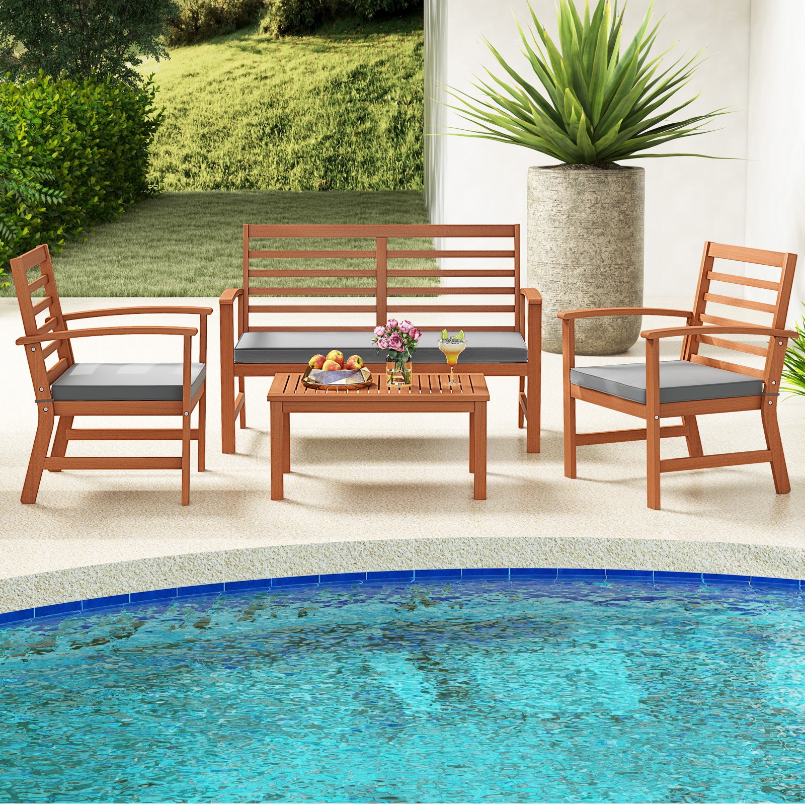 4 Pieces Outdoor Furniture Set with Stable Acacia Wood Frame, Gray Patio Conversation Sets at Gallery Canada