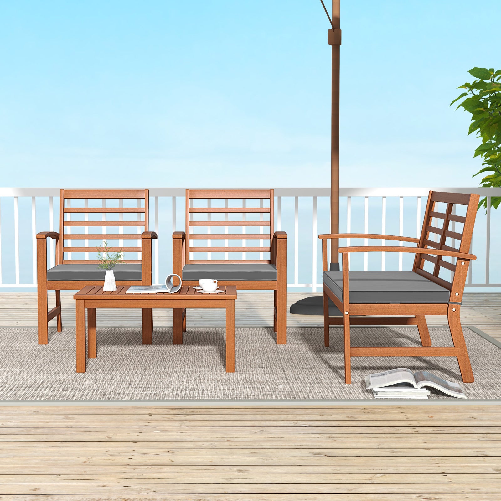 4 Pieces Outdoor Furniture Set with Stable Acacia Wood Frame, Gray Patio Conversation Sets at Gallery Canada