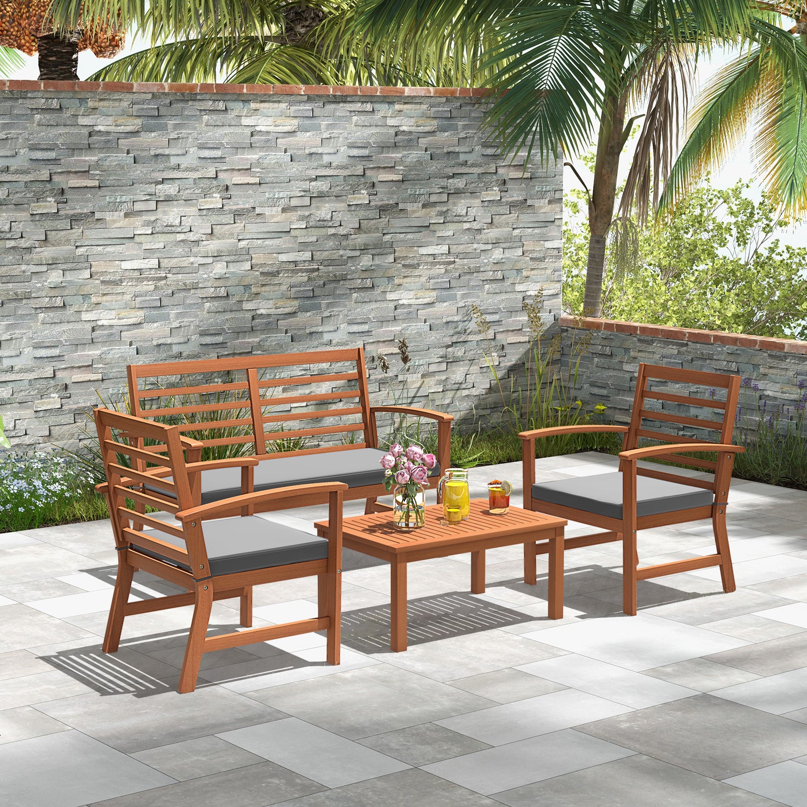 4 Pieces Outdoor Furniture Set with Stable Acacia Wood Frame, Gray Patio Conversation Sets at Gallery Canada