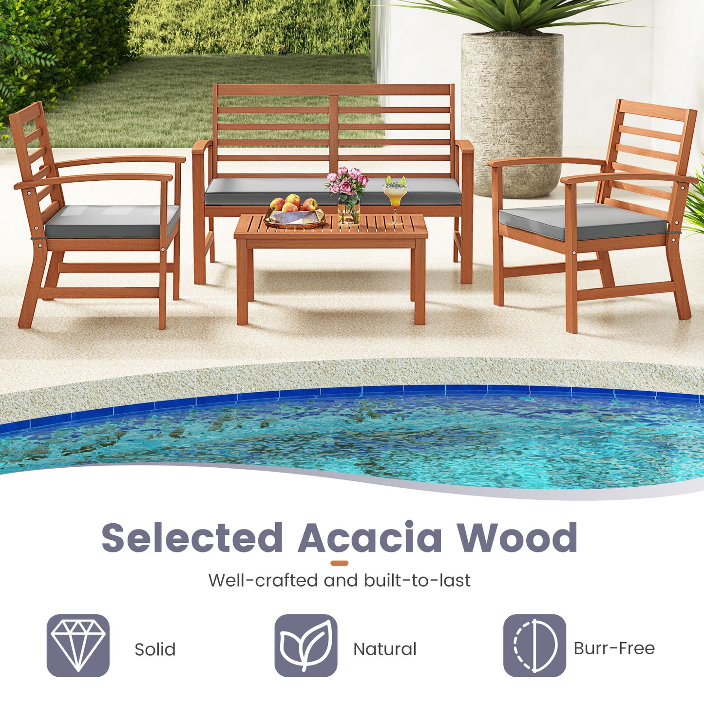 4 Pieces Outdoor Furniture Set with Stable Acacia Wood Frame, Gray Patio Conversation Sets at Gallery Canada