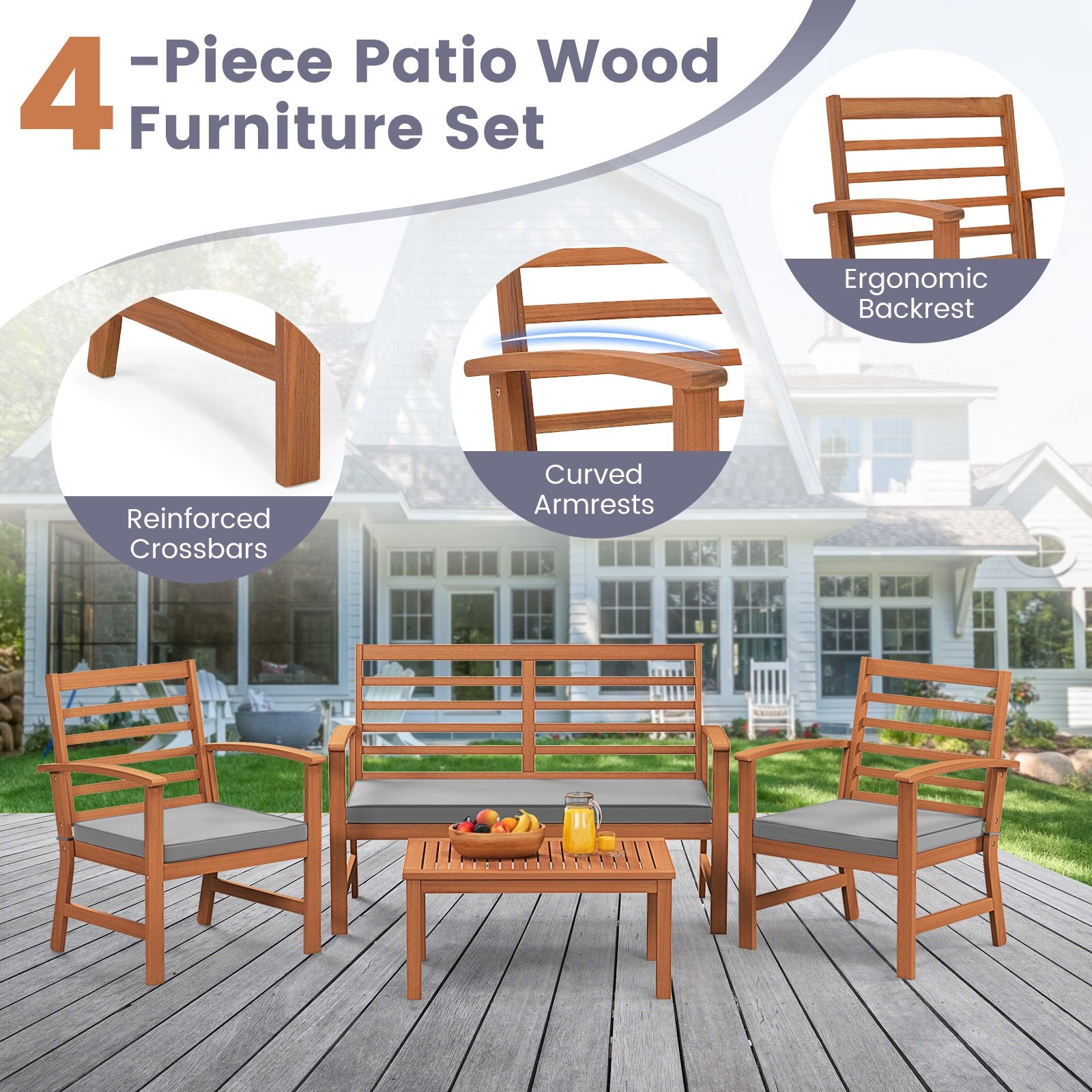 4 Pieces Outdoor Furniture Set with Stable Acacia Wood Frame, Gray - Gallery Canada