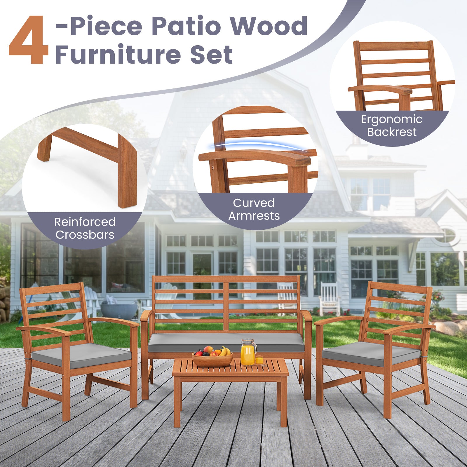 4 Pieces Outdoor Furniture Set with Stable Acacia Wood Frame, Gray Patio Conversation Sets at Gallery Canada