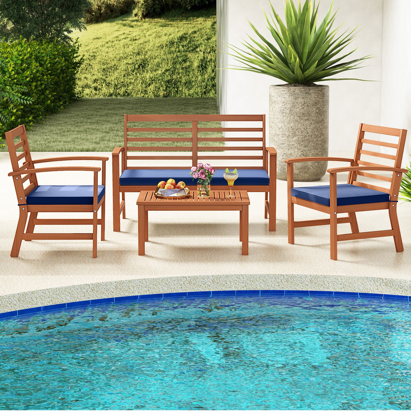 4 Pieces Outdoor Furniture Set with Stable Acacia Wood Frame, Navy Patio Conversation Sets at Gallery Canada