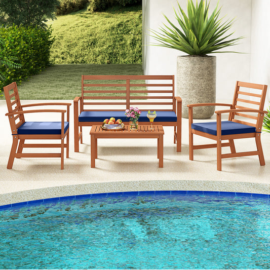 4 Pieces Outdoor Furniture Set with Stable Acacia Wood Frame, Navy Patio Conversation Sets Navy at Gallery Canada