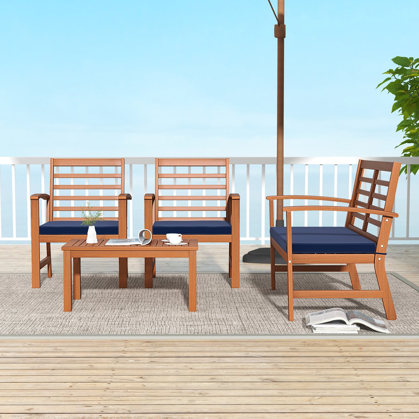 4 Pieces Outdoor Furniture Set with Stable Acacia Wood Frame, Navy Patio Conversation Sets at Gallery Canada