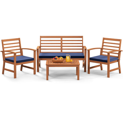 4 Pieces Outdoor Furniture Set with Stable Acacia Wood Frame, Navy Patio Conversation Sets at Gallery Canada