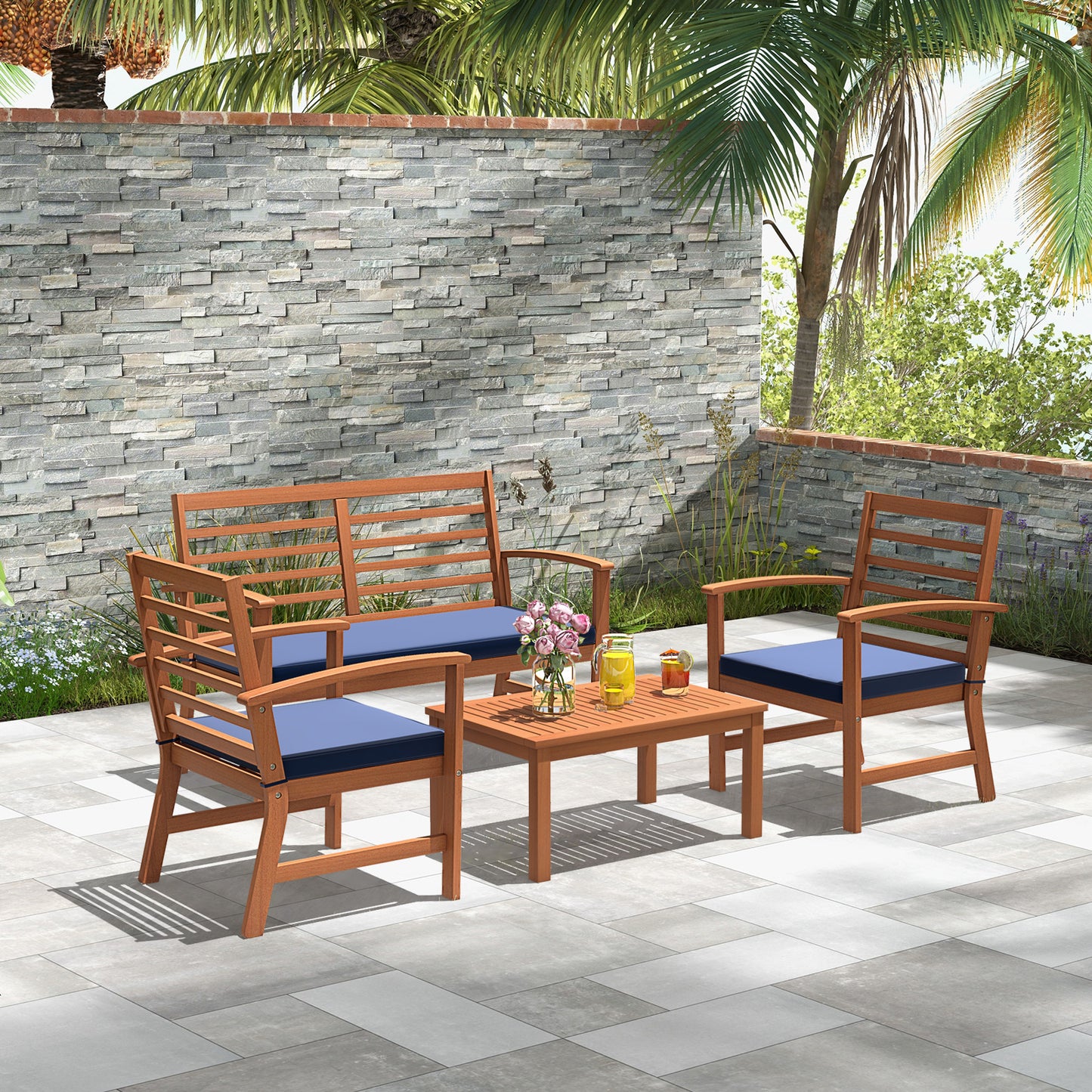 4 Pieces Outdoor Furniture Set with Stable Acacia Wood Frame, Navy Patio Conversation Sets at Gallery Canada