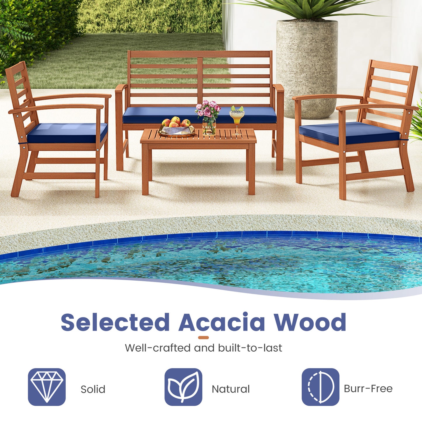 4 Pieces Outdoor Furniture Set with Stable Acacia Wood Frame, Navy Patio Conversation Sets at Gallery Canada