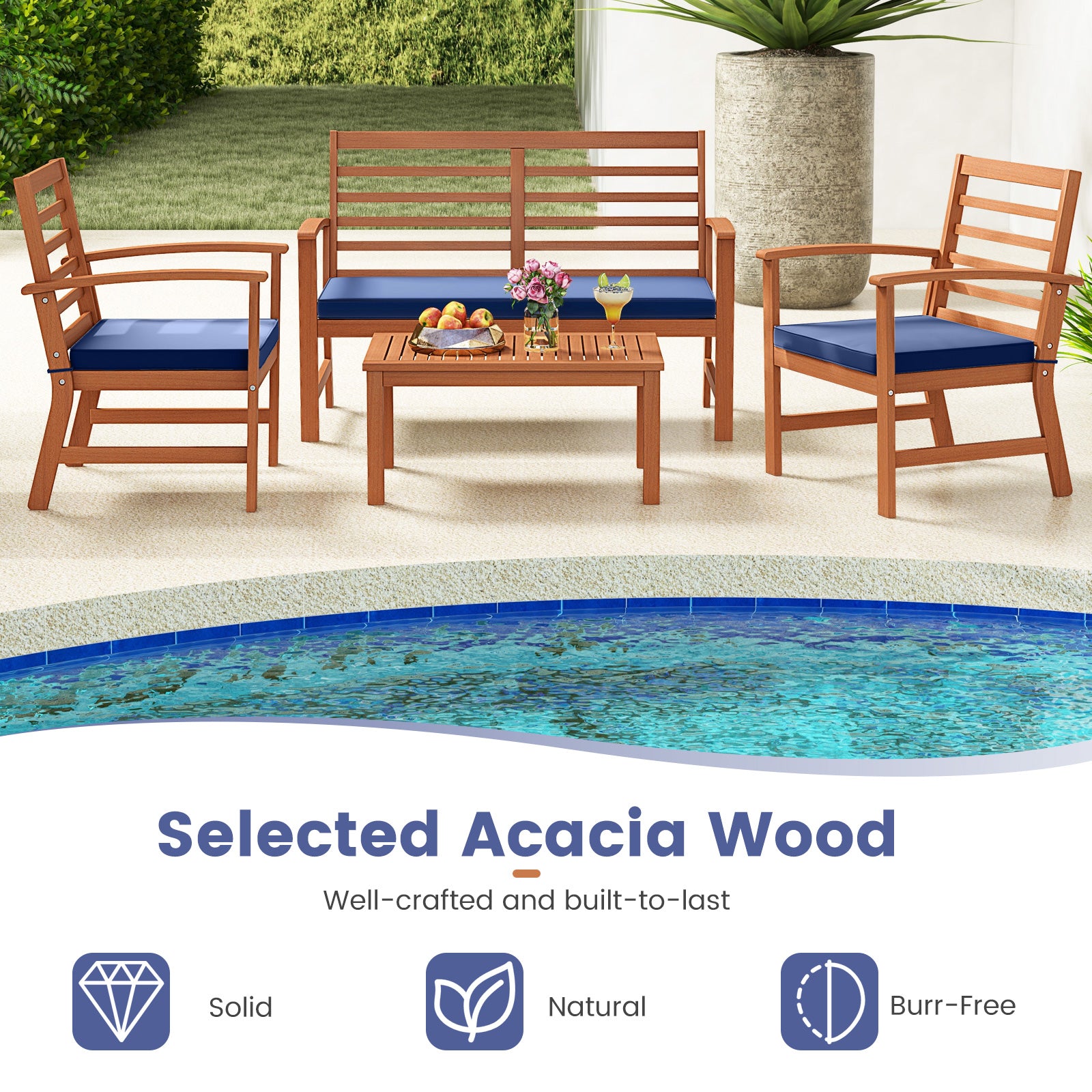 4 Pieces Outdoor Furniture Set with Stable Acacia Wood Frame, Navy Patio Conversation Sets at Gallery Canada
