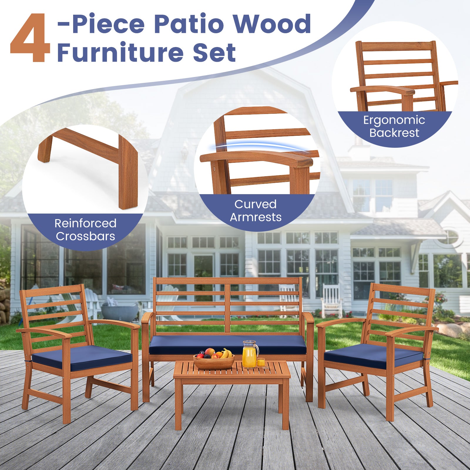 4 Pieces Outdoor Furniture Set with Stable Acacia Wood Frame, Navy Patio Conversation Sets at Gallery Canada