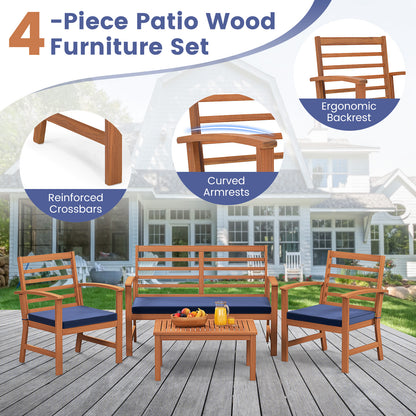 4 Pieces Outdoor Furniture Set with Stable Acacia Wood Frame, Navy Patio Conversation Sets at Gallery Canada