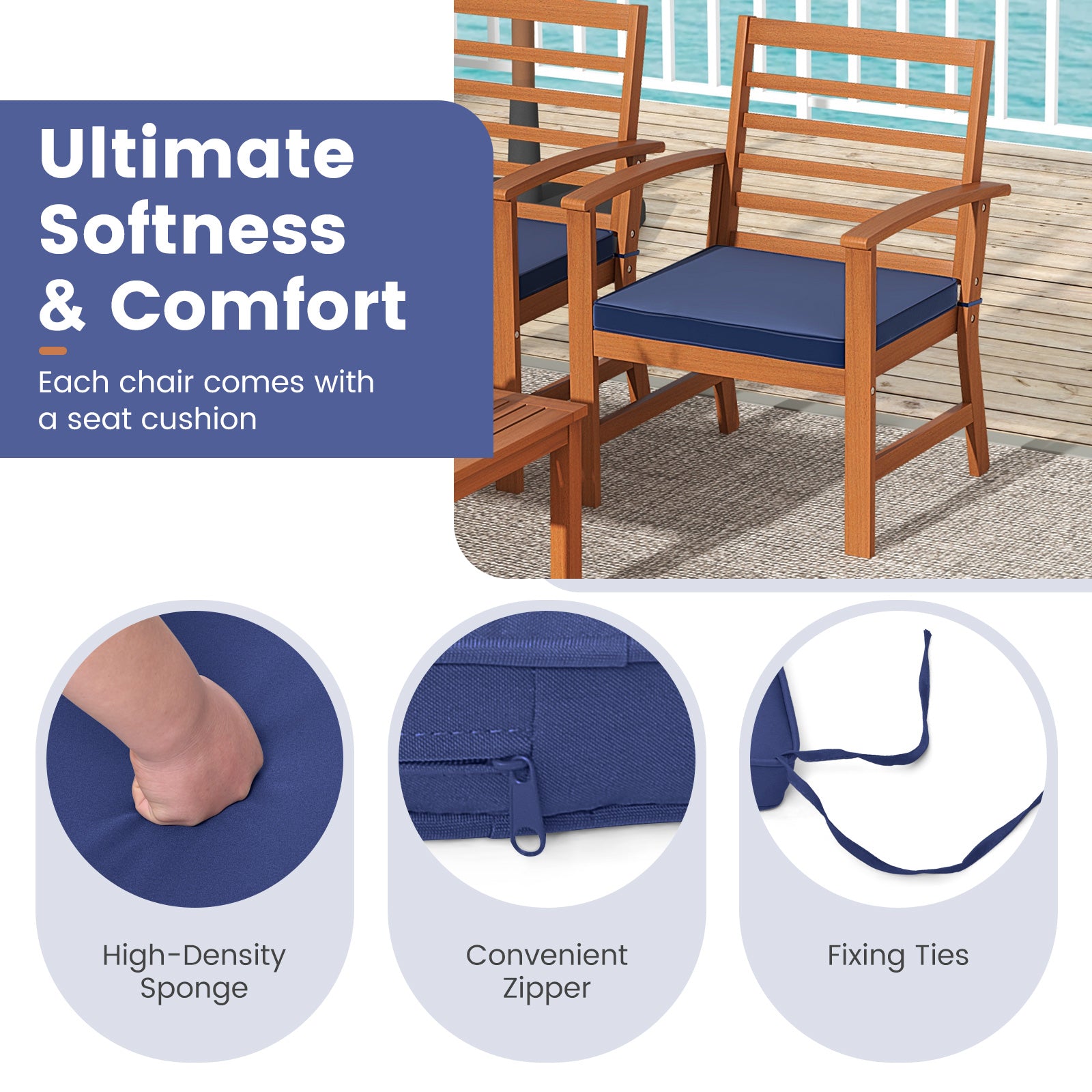4 Pieces Outdoor Furniture Set with Stable Acacia Wood Frame, Navy Patio Conversation Sets at Gallery Canada